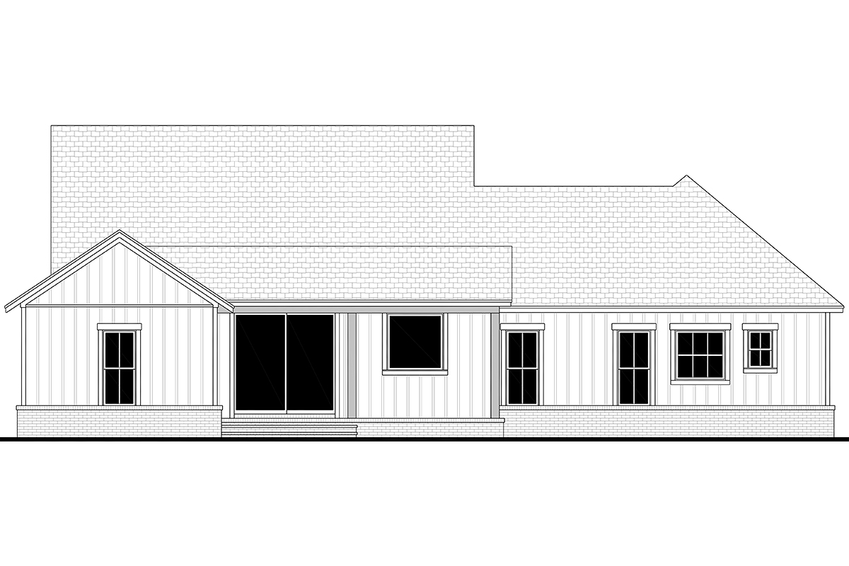 Rear elevation rendering of Modern Farmhouse Plan 82950 with large covered porch for outdoor dining and entertaining