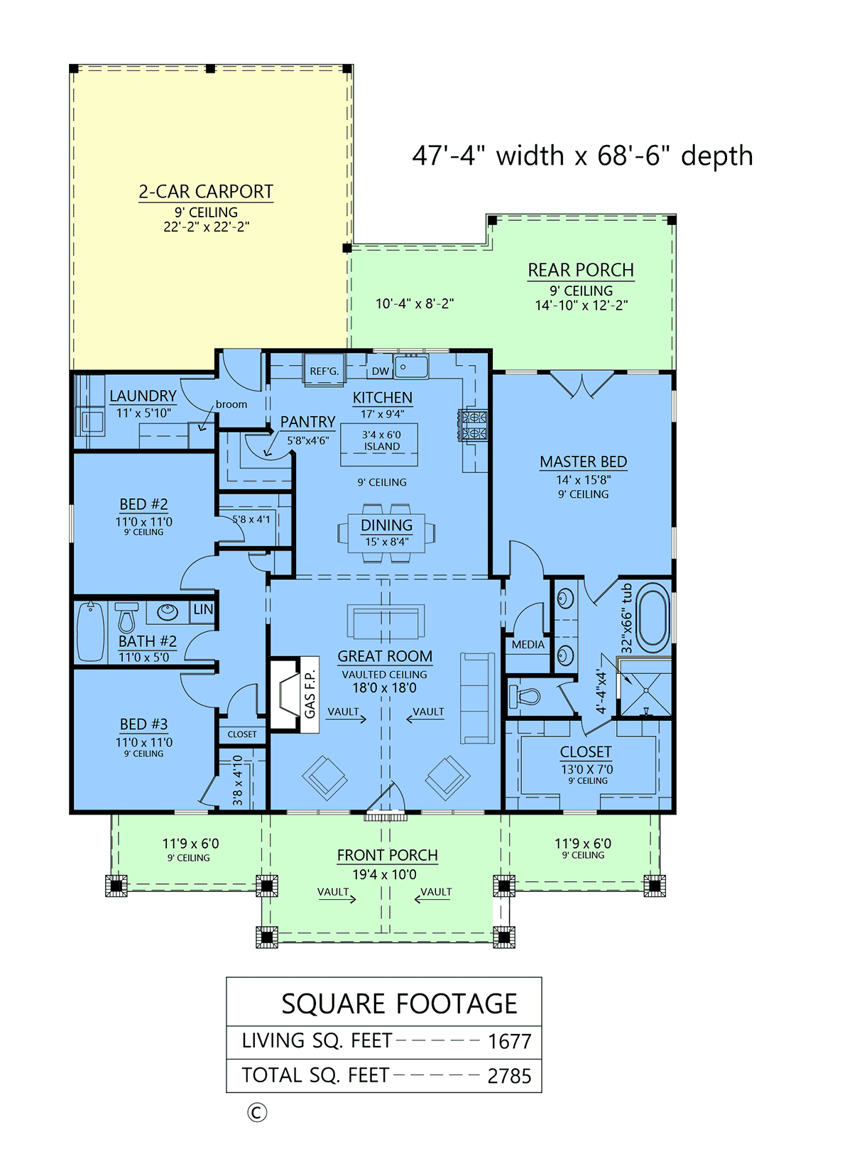 First floor plan layout of Rustic Country Style Home Plan 84708 showing open great room, kitchen, dining area, and split bedroom layout
