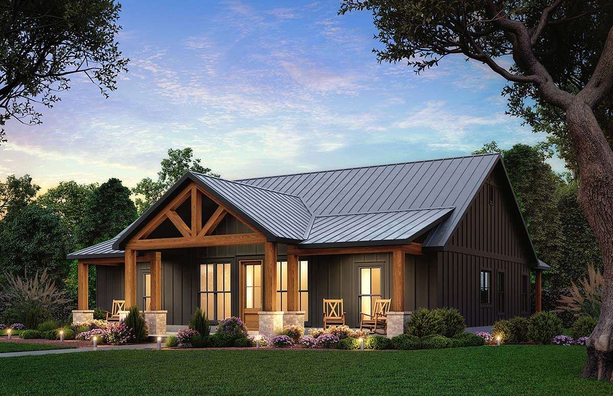 Front rendering of Rustic Country Style Home Plan 84708 with rocking chairs and stone-based columns on the covered porch