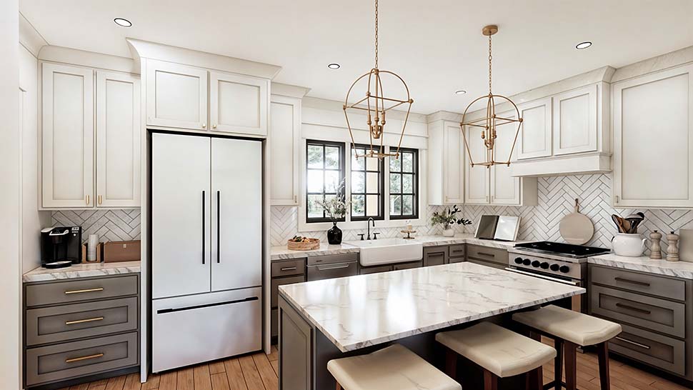 Kitchen interior rendering of Rustic Country Style Home Plan 84708 showing island seating and walk-in pantry access