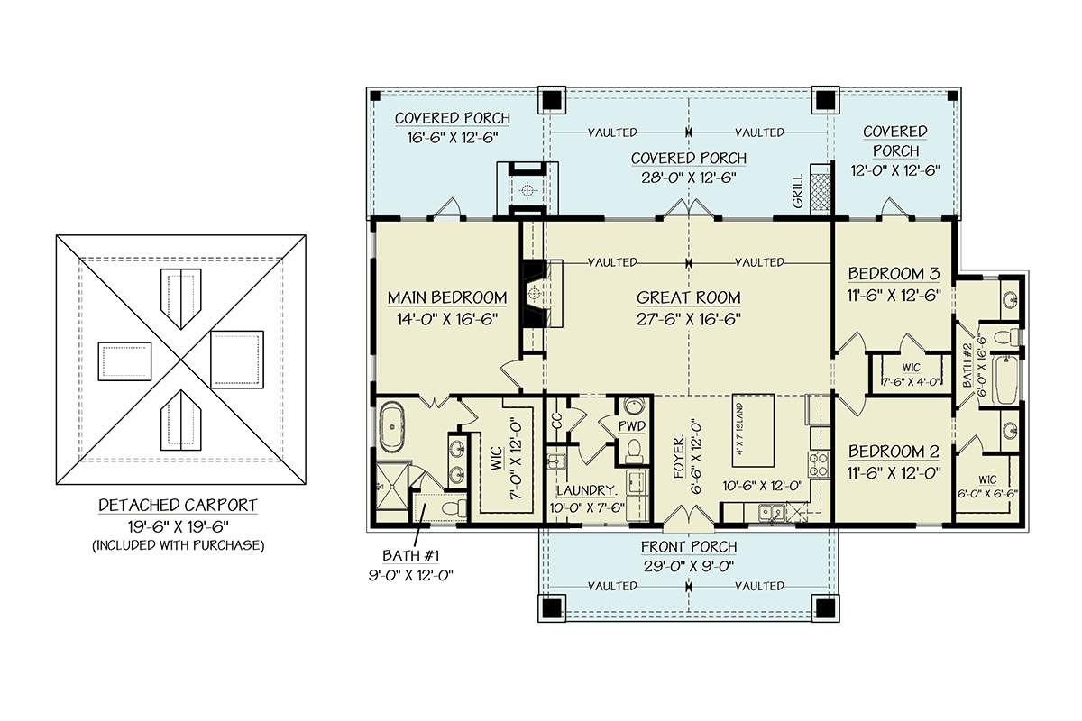 Floor plan of Modern Farmhouse Plan 72273 showing open concept great room, kitchen, dining area, and access to covered porches