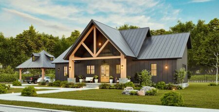 Front rendering of Modern Farmhouse Plan 72273 showing vertical white siding, black roof, and spacious covered porch with timber columns