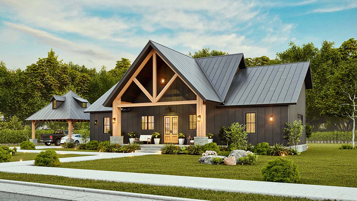 Front rendering of Modern Farmhouse Plan 72273 showing vertical white siding, black roof, and spacious covered porch with timber columns