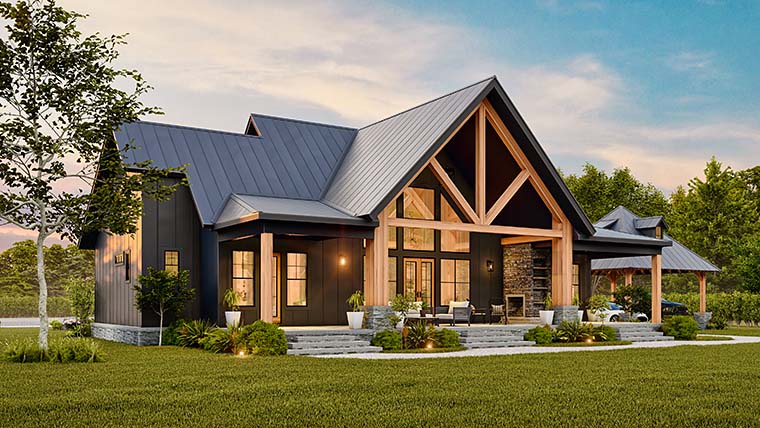 Rear rendering of Modern Farmhouse Plan 72273 featuring vaulted porch ceiling, outdoor fireplace, and covered grilling area