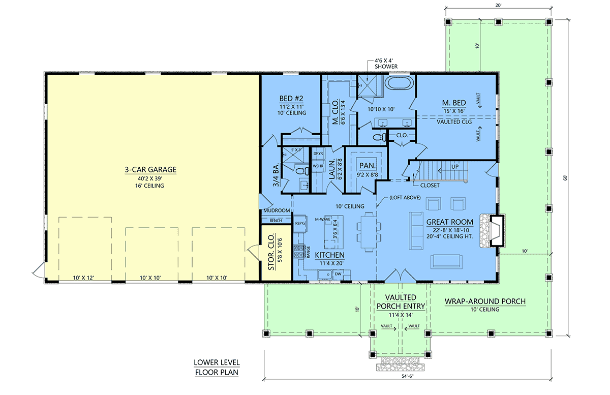 Main floor plan of Farmhouse Plan 84719 showing open layout, kitchen, dining, and great room connection