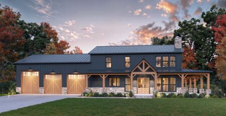 Front rendering of Farmhouse Plan 84719 showing wraparound porch, white siding, and rustic barn-style roofline