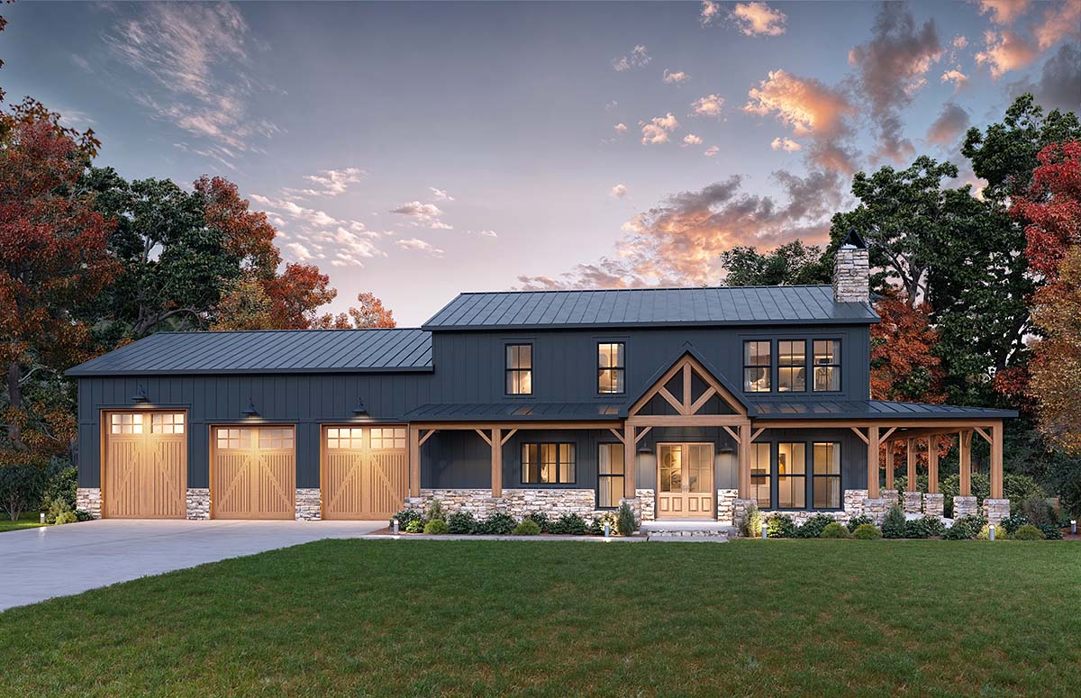 Front rendering of Farmhouse Plan 84719 showing wraparound porch, white siding, and rustic barn-style roofline