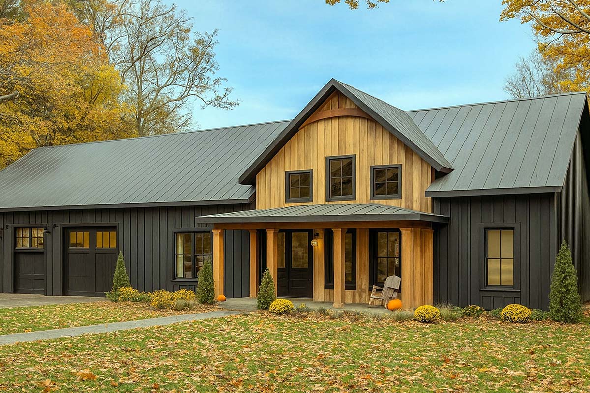 Front rendering of Barndominium House Plan 77460 featuring covered porch and tall gabled roofline