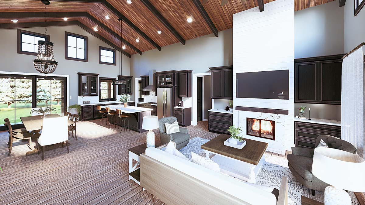Interior rendering of Plan 77460 great room showing cathedral ceiling, tall windows, and ventless fireplace