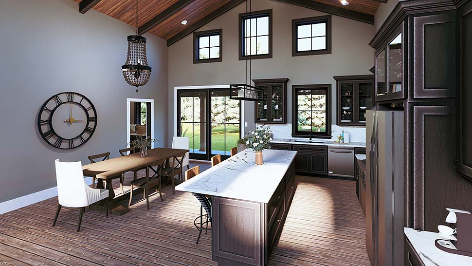 Kitchen rendering of Plan 77460 featuring large island seating, walk-in pantry, and efficient cabinetry layout