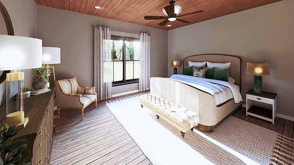 Master suite rendering of Plan 77460 showing spacious bedroom layout and access to luxury ensuite bath