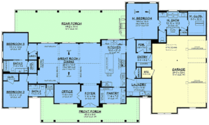Floor plan of Southern Style House Plan 82985 highlighting open concept living, three bedrooms, office, and expansive porch areas