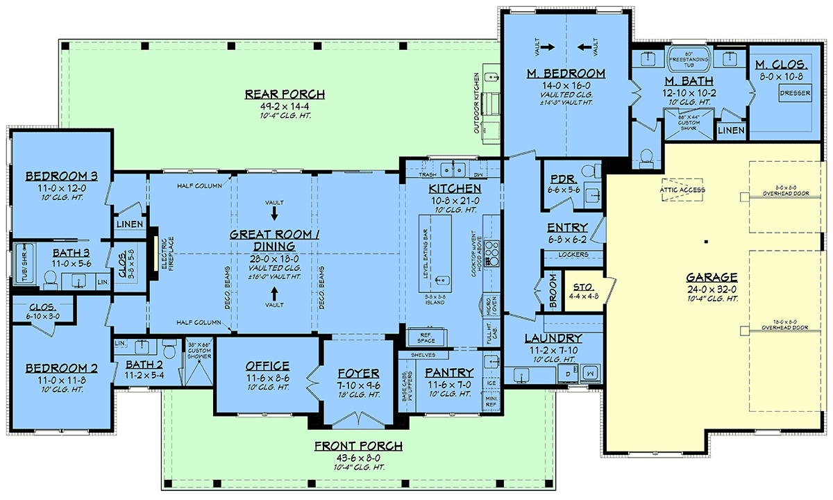 Floor plan of Southern Style House Plan 82985 highlighting open concept living, three bedrooms, office, and expansive porch areas