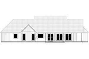Rear elevation line drawing of House Plan 82985 showing large covered porch and outdoor kitchen layout