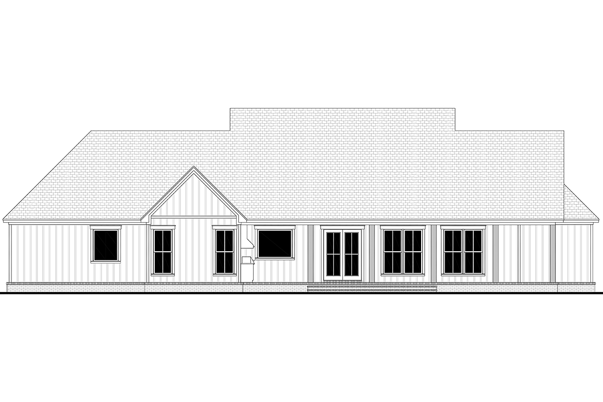 Rear elevation line drawing of House Plan 82985 showing large covered porch and outdoor kitchen layout
