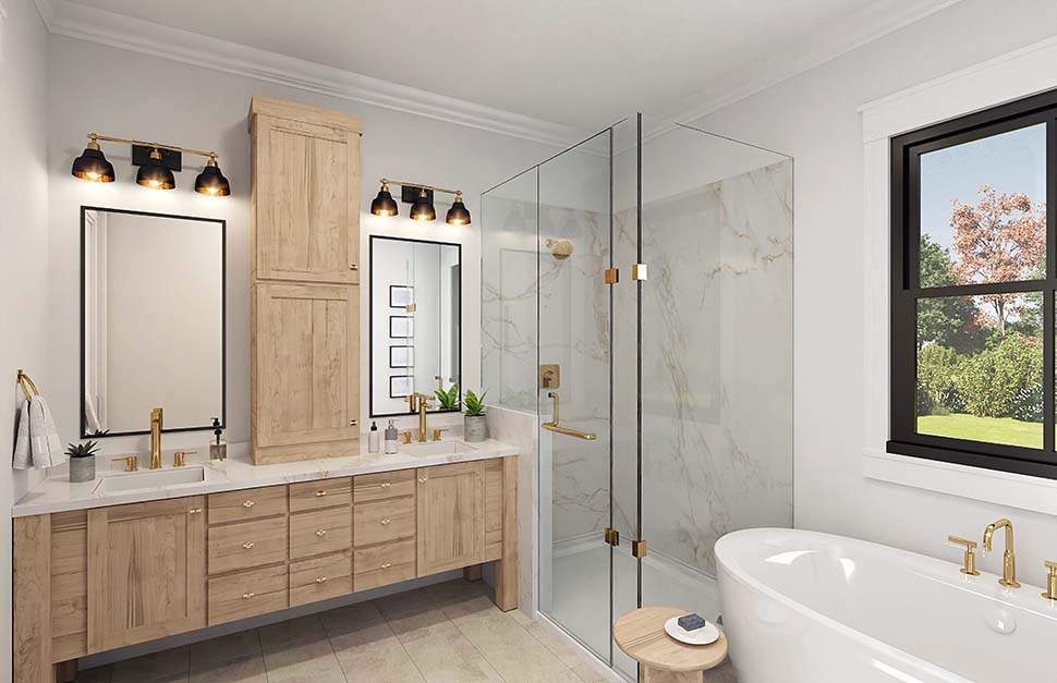 Master bathroom of Traditional House Plan 82935 with freestanding tub and custom shower