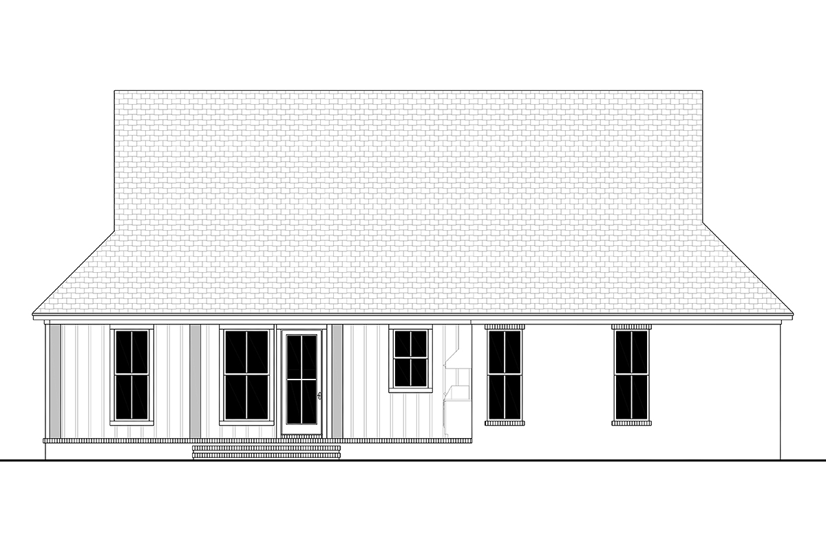 Rear elevation of Traditional House Plan 82935 showing porch and outdoor kitchen layout