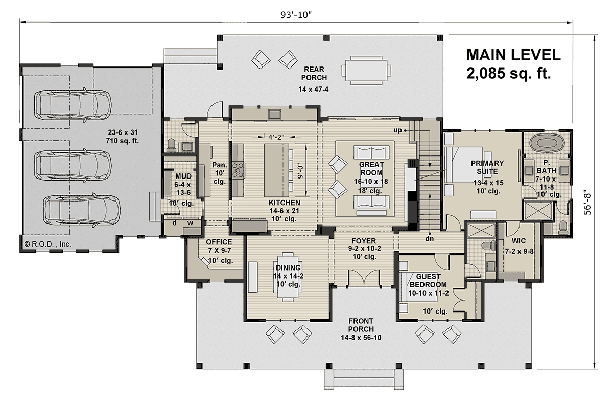 Main floor plan of Farmhouse Plan 41954 showing open living and porch layout