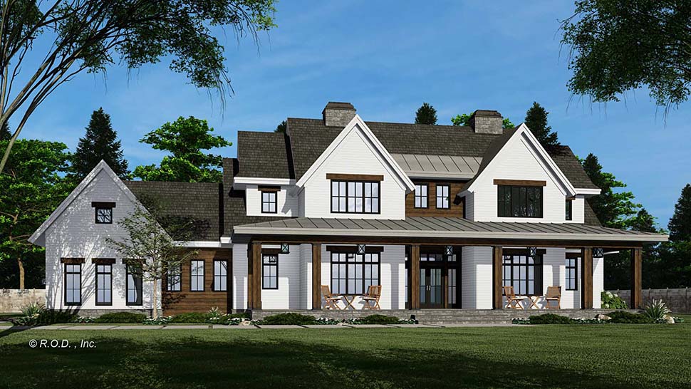 Alternate front view of Farmhouse Plan 41954 highlighting roof pitch and extended porch