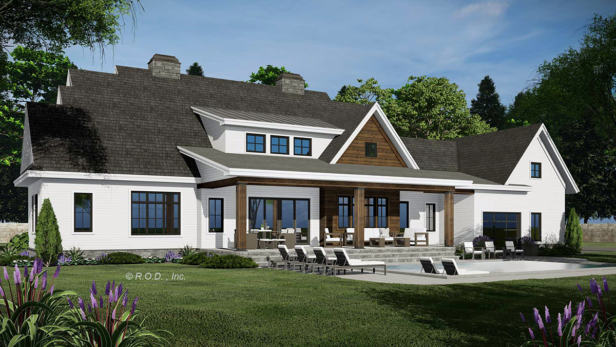 Rear elevation of Farmhouse Plan 41954 with expansive covered rear porch