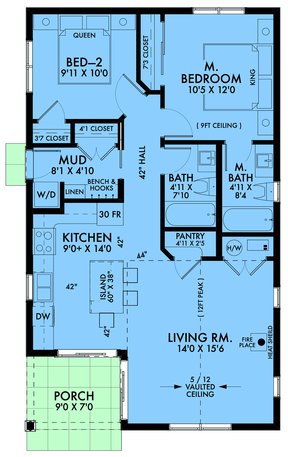 Floor plan of Small Farmhouse Plan 42921 showing 897 square feet with 2 bedrooms and open living area