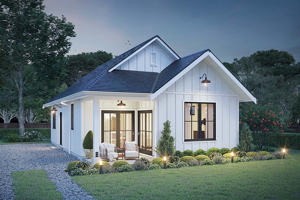 Alternate front rendering of Small Farmhouse Plan 42921 with covered porch and steep roof pitch