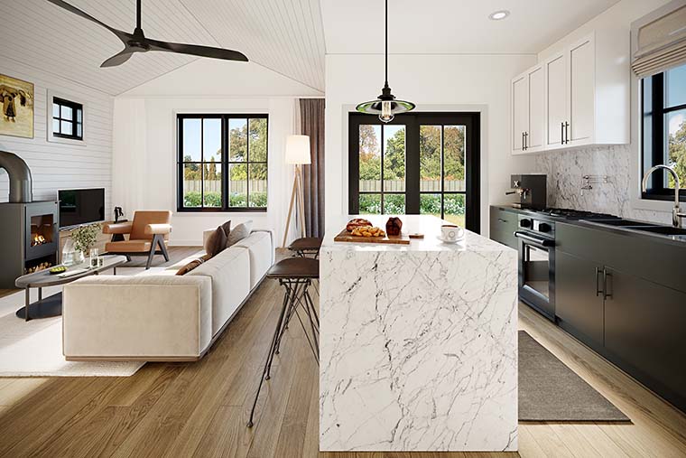 Great room and kitchen interior of Small Farmhouse Plan 42921 with vaulted ceiling and open floor plan