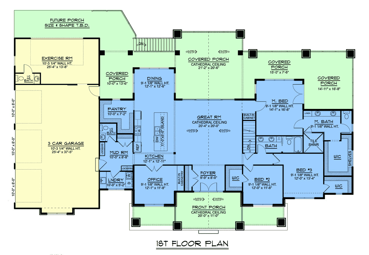 Main floor plan of Farmhouse Plan with Craftsman Style 43960 showing open living and exercise room
