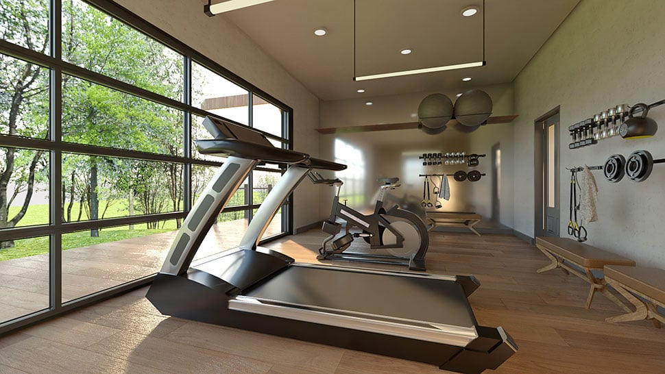 Dedicated exercise room in Farmhouse Plan with Craftsman Style 43960 located behind the garage