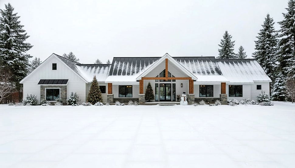 Alternate front rendering of Farmhouse Plan with Craftsman Style 43960 highlighting rooflines and porch scale