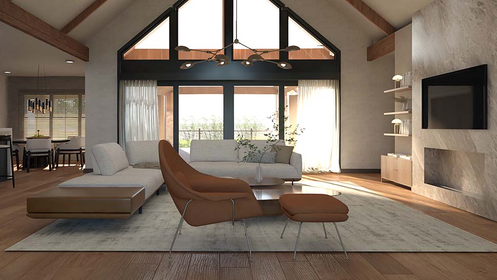 Great room interior of Farmhouse Plan with Craftsman Style 43960 featuring open layout and natural light