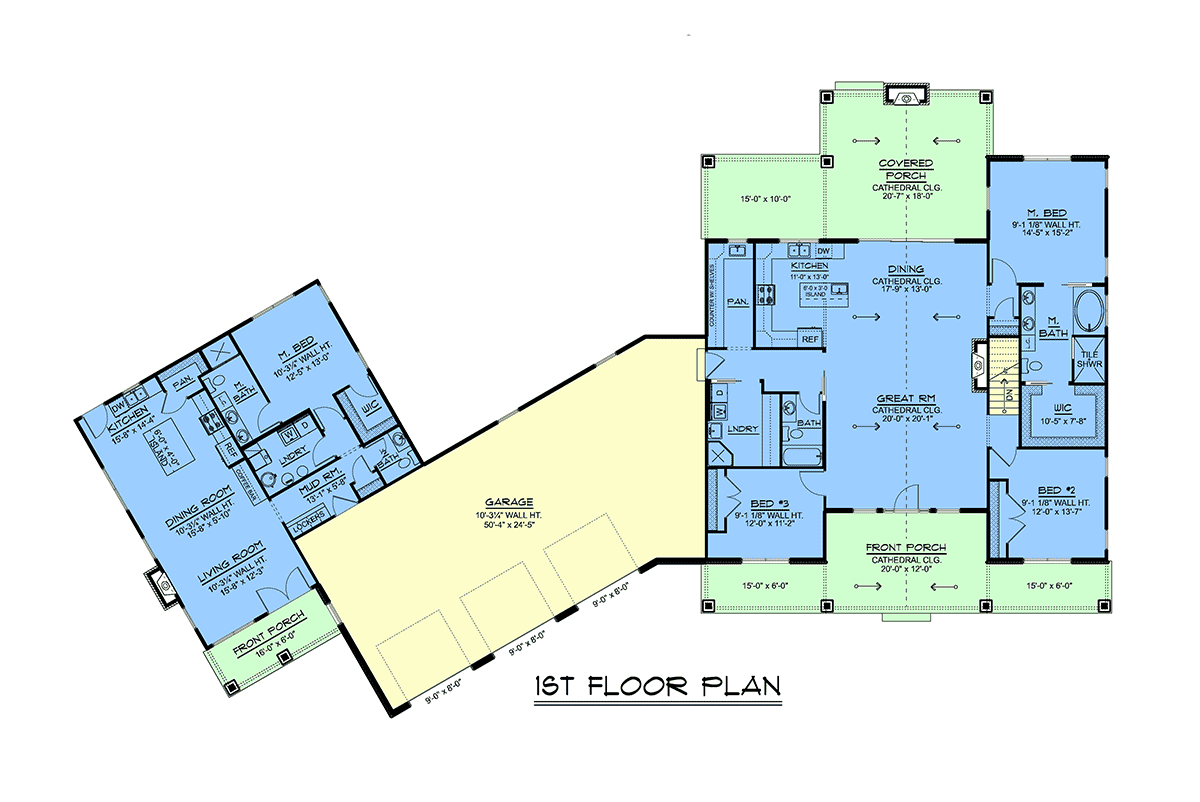 First floor layout of modern multi-family home Plan 100749 showing dual living spaces and central three-car garage