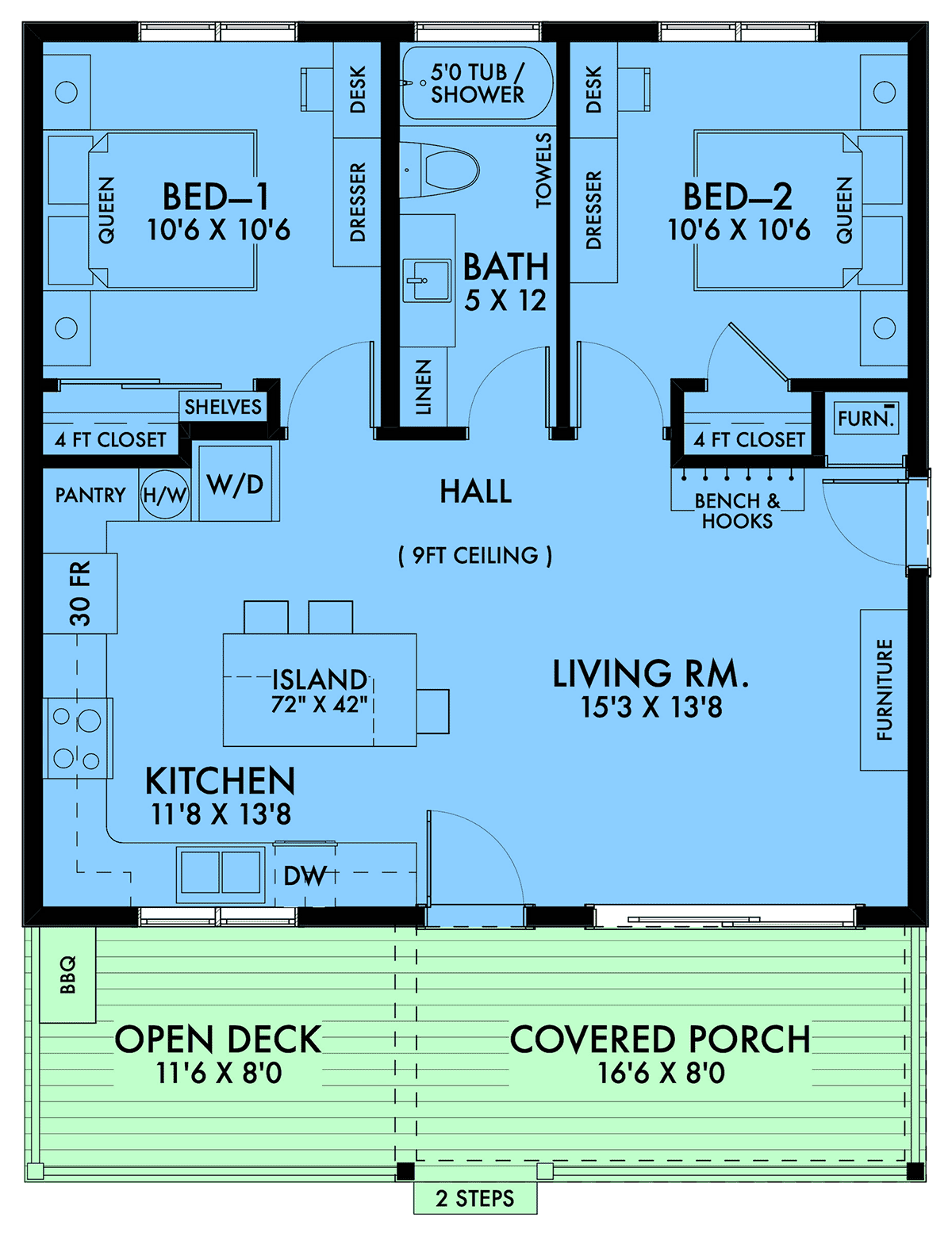 Small Farmhouse Plan 42924 floor plan layout with 2 bedrooms, open living area, kitchen island, porch, and deck