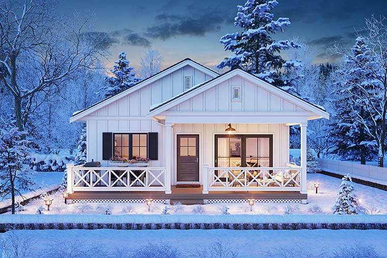 Alternate front rendering of Small Farmhouse Plan 42924 showing bungalow proportions and inviting front porch
