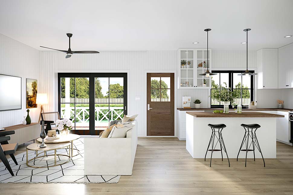 Great room interior rendering of Small Farmhouse Plan 42924 with open concept living and 9-foot ceilings