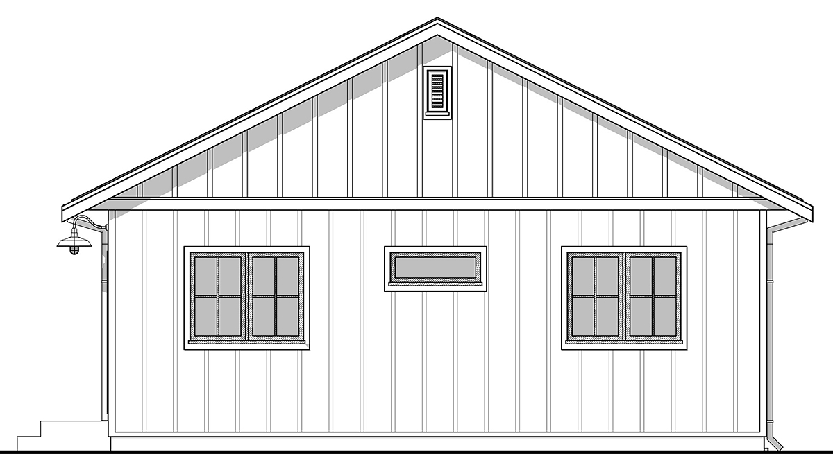 Rear elevation line drawing of Small Farmhouse Plan 42924 showing deck and simple bungalow roofline