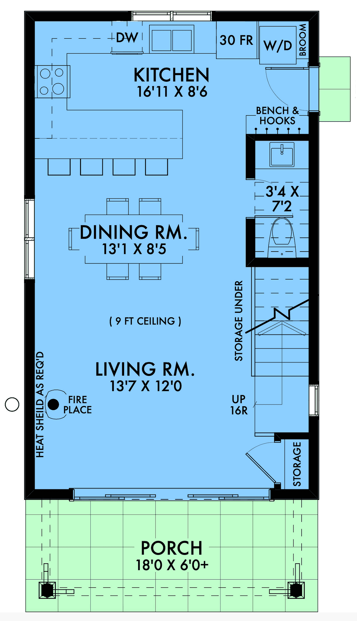 First floor plan of Narrow Lot House Plans design 42928 showing open living area kitchen and half bath
