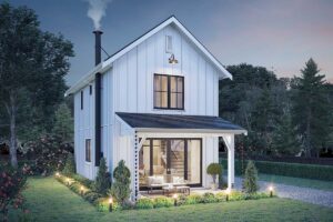 Narrow Lot House Plans front rendering of Small Country Farmhouse Plan 42928 with compact two-story farmhouse exterior