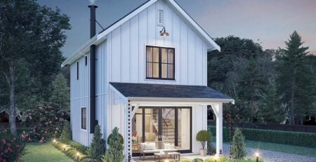 Narrow Lot House Plans front rendering of Small Country Farmhouse Plan 42928 with compact two-story farmhouse exterior