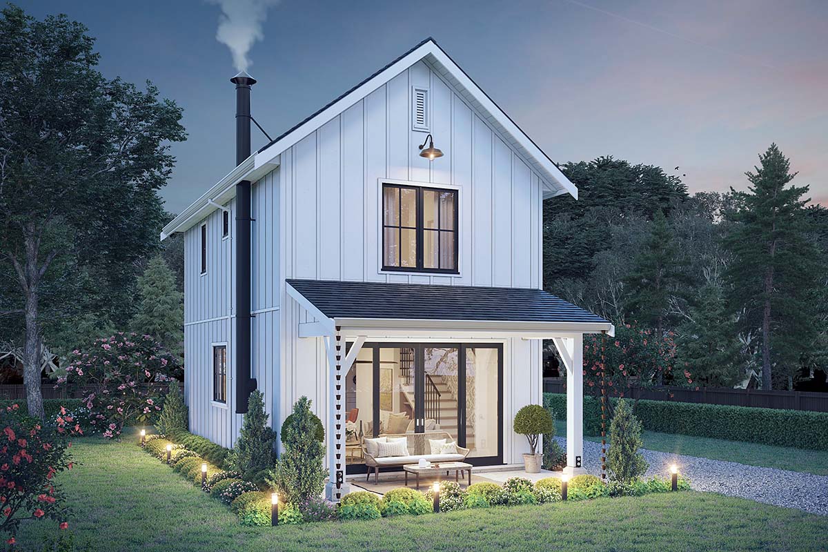 Narrow Lot House Plans front rendering of Small Country Farmhouse Plan 42928 with compact two-story farmhouse exterior