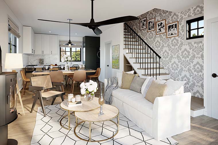 Great room interior rendering for Narrow Lot House Plans design 42928 with open concept living and farmhouse styling