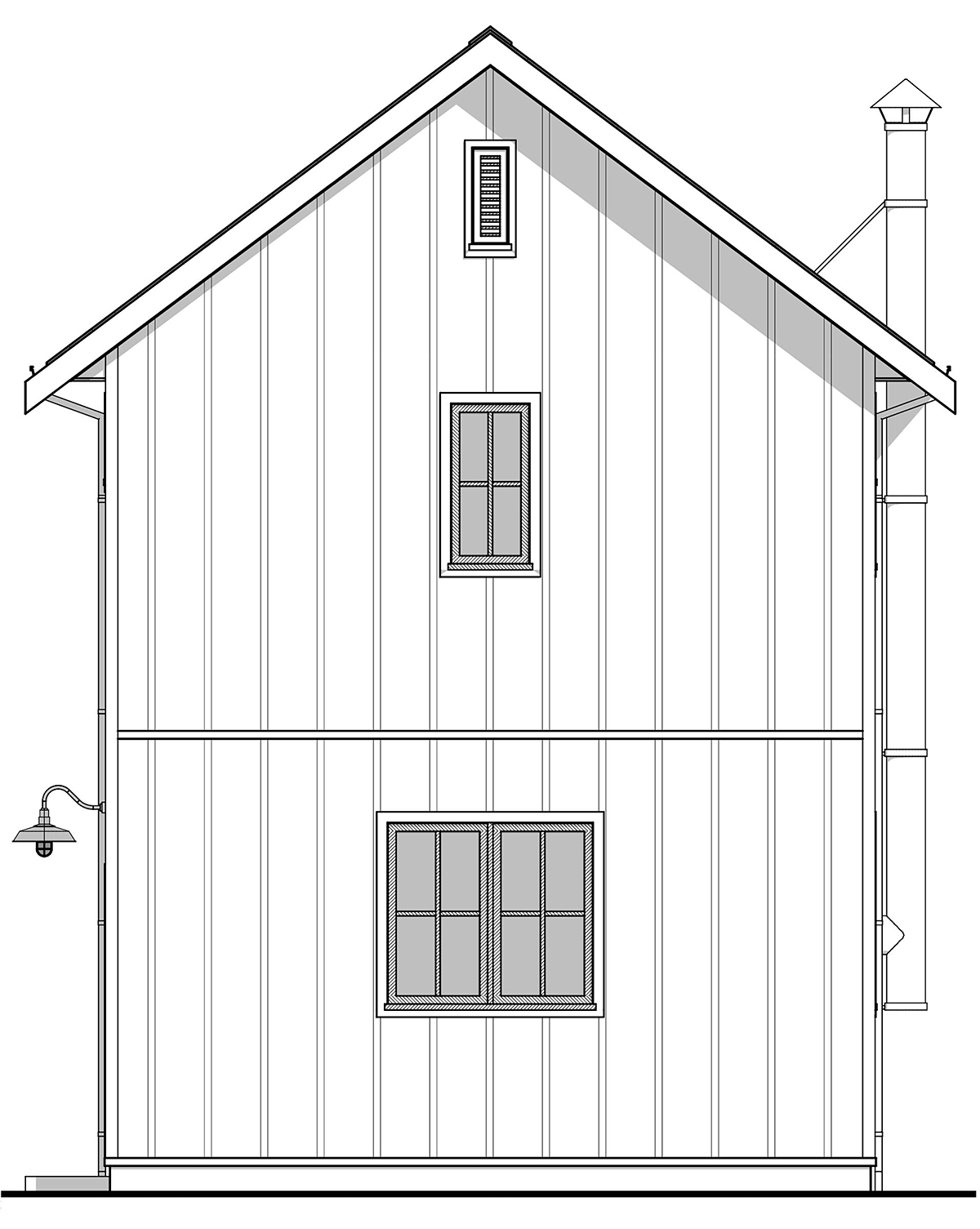 Rear elevation line drawing of Narrow Lot House Plans design 42928 showing compact farmhouse deck and rear profile