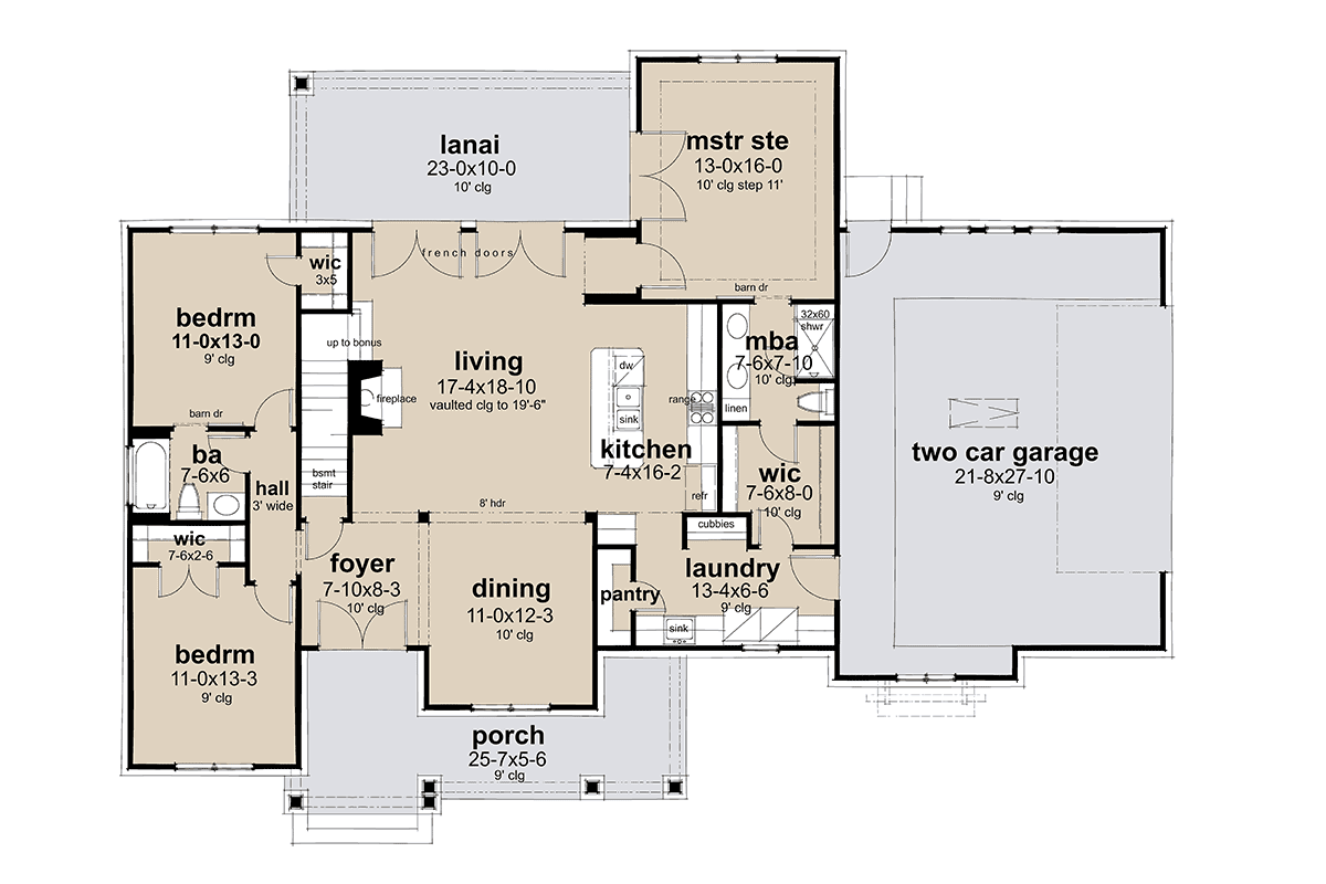 First floor plan of Southern Style Farmhouse Plan 75181 showing open living spaces and main floor primary suite