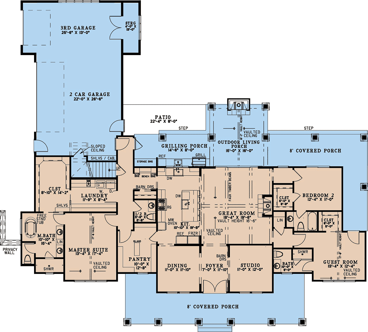 First floor plan of country farmhouse plan 82777 showing open living spaces bedrooms and porch layout