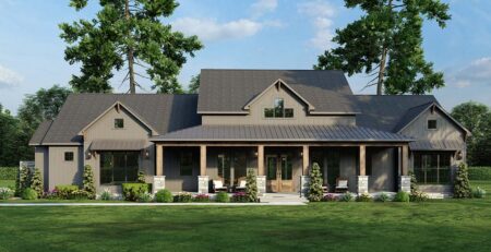Country farmhouse plan 82777 front rendering with covered porch and three-car garage
