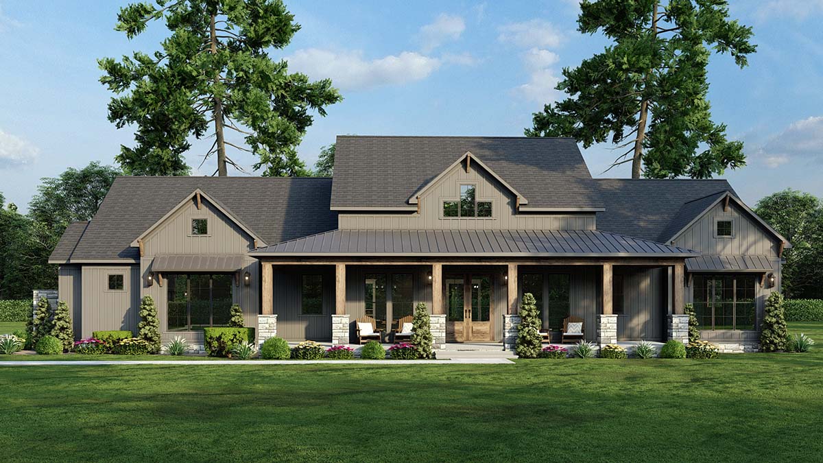 Country farmhouse plan 82777 front rendering with covered porch and three-car garage