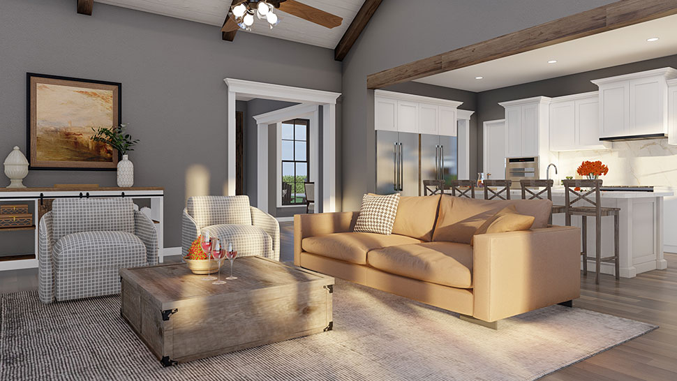 Great room interior of country farmhouse plan 82777 with open layout fireplace and natural light
