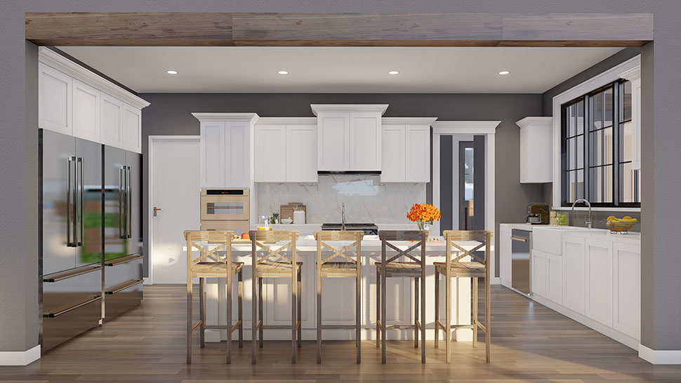 Kitchen interior of country farmhouse plan 82777 with pantry and open concept design