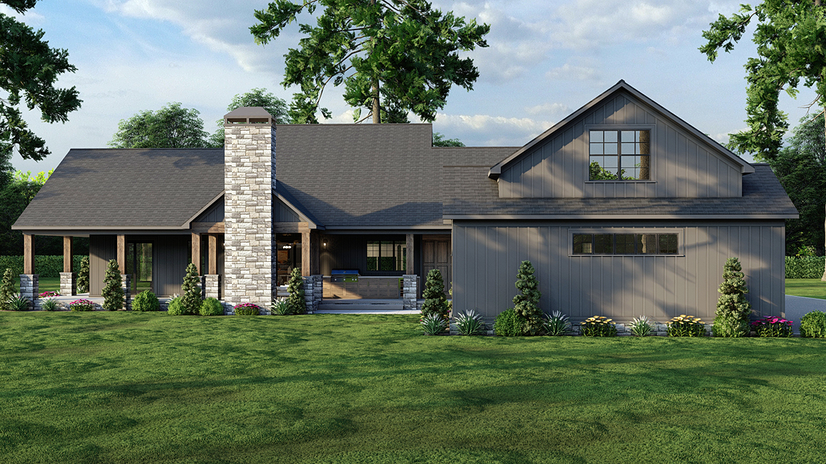 Rear elevation of country farmhouse plan 82777 with covered porch outdoor living and fireplace