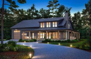 Barndominium-Style Modern Farmhouse Plan 82913 front rendering with two-story design and attached 4-car garage